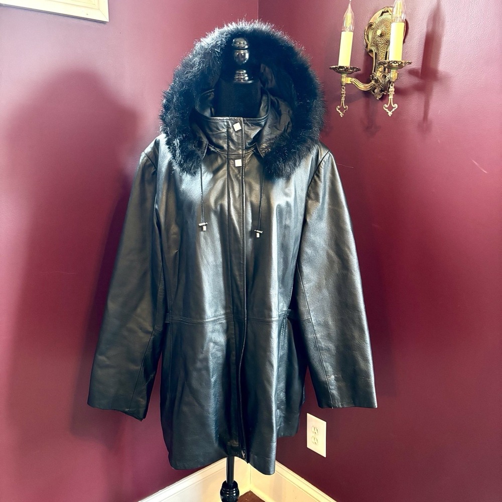 VOLUP Massini Long Full Leather Jacket Coat Faux Fur-Lined Hood Women Sz 3X